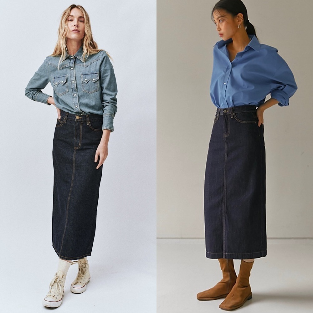 THE GREAT 90s Dark Wash Denim High Waist Back Slit Midi Column Jean Skirt 24